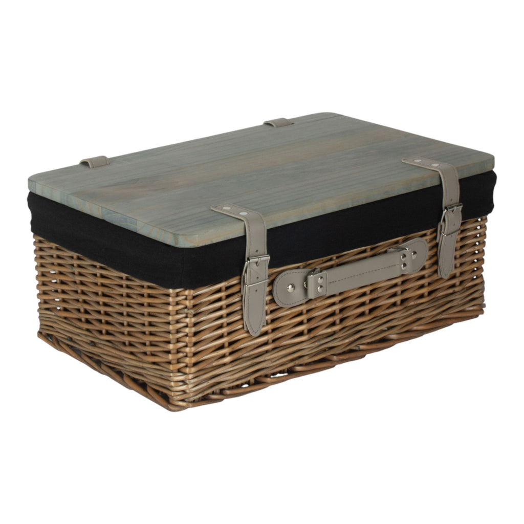 Antique Wash Black Lined Willow Empty Picnic Basket with Pinewood Lid