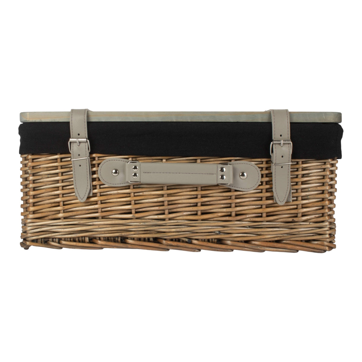 Antique Wash Black Lined Willow Empty Picnic Basket with Pinewood Lid