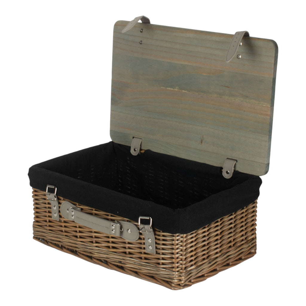 Antique Wash Black Lined Willow Empty Picnic Basket with Pinewood Lid