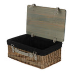 Antique Wash Black Lined Willow Empty Picnic Basket with Pinewood Lid