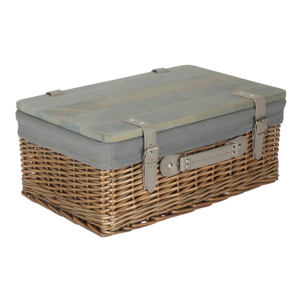 Antique Wash Grey Lined Willow Empty Picnic Basket with Pinewood Lid