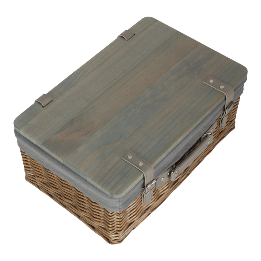 Antique Wash Grey Lined Willow Empty Picnic Basket with Pinewood Lid