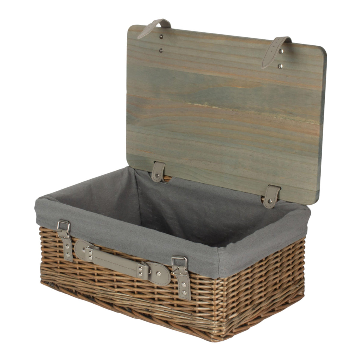 Antique Wash Grey Lined Willow Empty Picnic Basket with Pinewood Lid