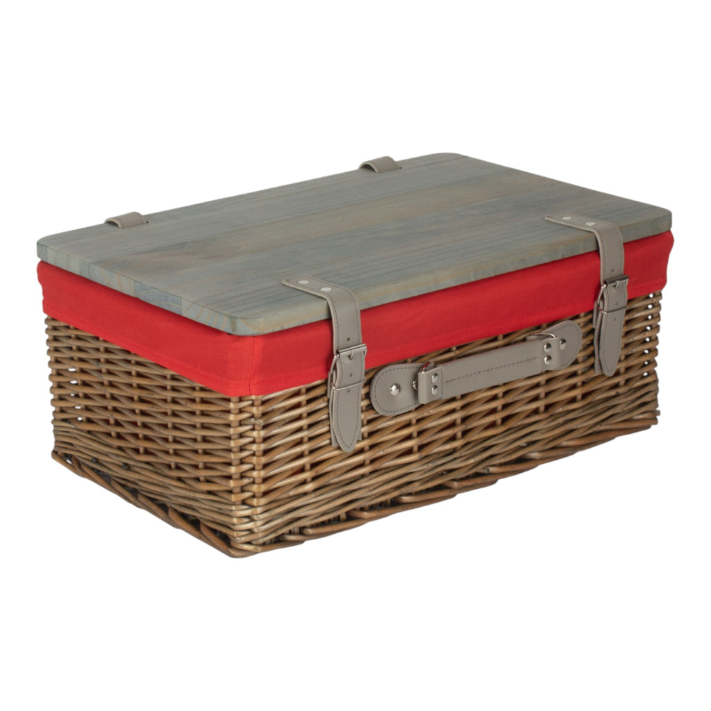 Antique Wash Red Lined Willow Empty Picnic Basket with Pinewood Lid