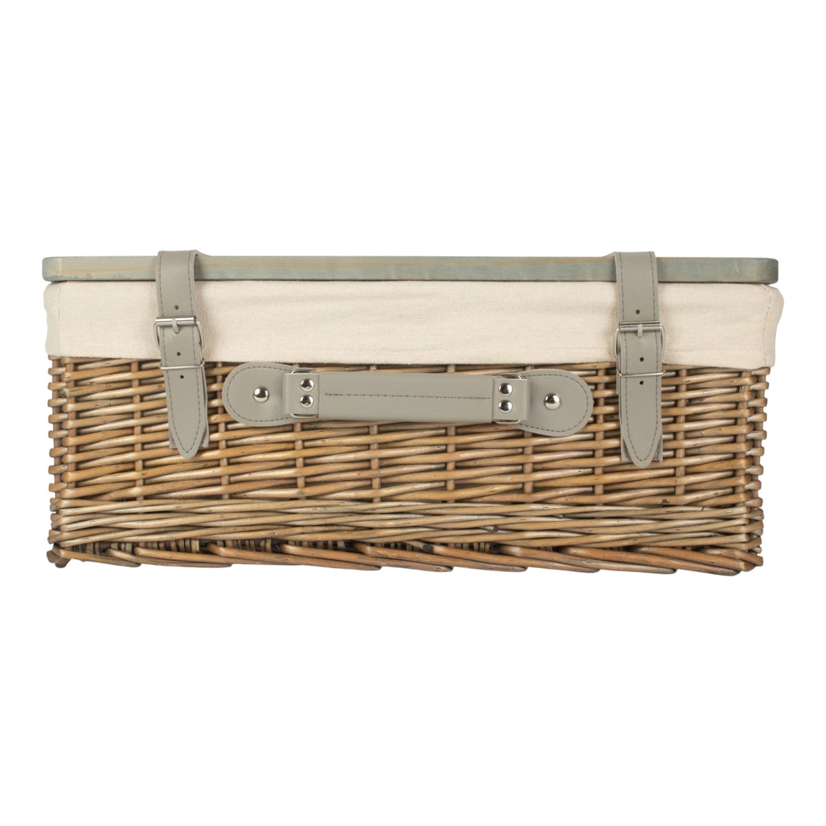 Antique Wash White Lined Willow Empty Picnic Basket with Pinewood Lid